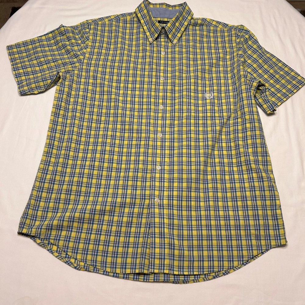Chaps Mens Short Sleeves Button Down Shirt Size L/G Blue Green Black Plaid
